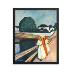 The Girls on the Bridge by Edvard Munch framed print on a plain backdrop in size 16"x20".