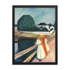 The Girls on the Bridge by Edvard Munch framed print on a plain backdrop in size 18"x24".