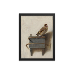 The Goldfinch by Carel Fabritius framed print on a plain backdrop in size 12"x16".