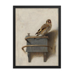 The Goldfinch by Carel Fabritius framed print on a plain backdrop in size 18"x24".