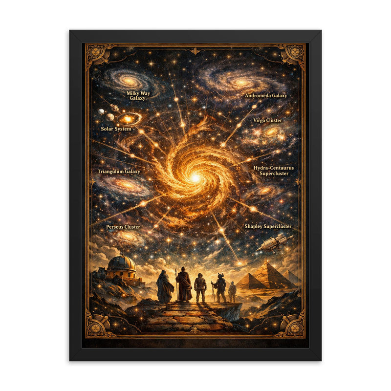 The Great Attractor cosmic pilgrimage map framed print on a plain backdrop in size 18