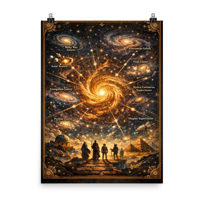 The Great Attractor cosmic pilgrimage map poster on a plain backdrop in size 8