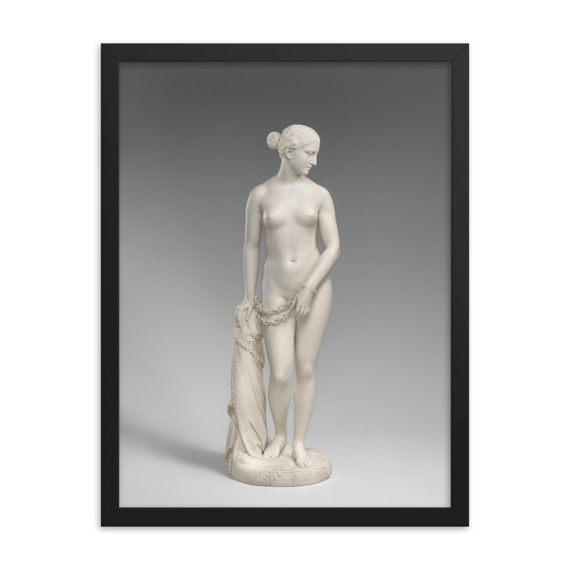 The Greek Slave by Hiram Powers framed print on a plain backdrop in size 18