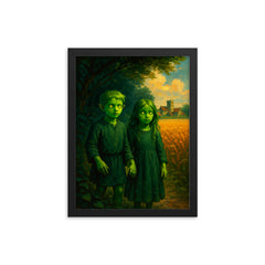 The Green Children of Woolpit arrival scene framed print on a plain backdrop in size 12"x16".