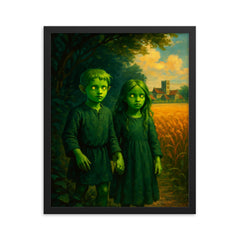 The Green Children of Woolpit arrival scene framed print on a plain backdrop in size 16"x20".