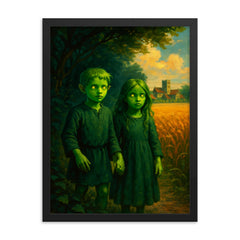 The Green Children of Woolpit arrival scene framed print on a plain backdrop in size 18"x24".