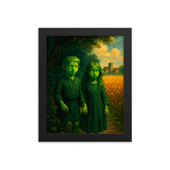 The Green Children of Woolpit arrival scene framed print on a plain backdrop in size 8"x10".
