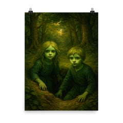 The Green Children of Woolpit emerging from forest pit poster on a plain backdrop in size 8"x10".
