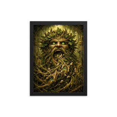The Green Man swallowing cathedral vines framed print on a plain backdrop in size 12"x16".