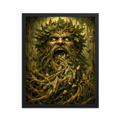 The Green Man swallowing cathedral vines framed print on a plain backdrop in size 16"x20".