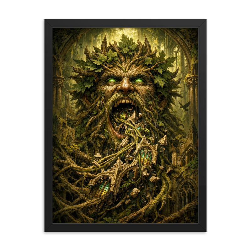 The Green Man swallowing cathedral vines framed print on a plain backdrop in size 18