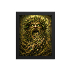 The Green Man swallowing cathedral vines framed print on a plain backdrop in size 8"x10".