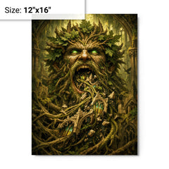 The Green Man swallowing cathedral vines metal print on a plain backdrop in size 12"x16".