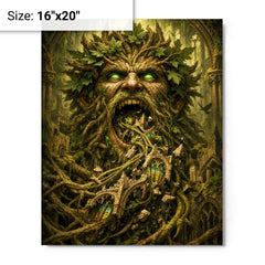 The Green Man swallowing cathedral vines metal print on a plain backdrop in size 16"x20".