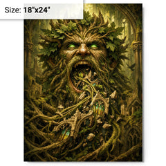The Green Man swallowing cathedral vines metal print on a plain backdrop in size 18"x24".