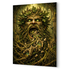 The Green Man swallowing cathedral vines metal print mockup