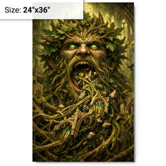 The Green Man swallowing cathedral vines metal print on a plain backdrop in size 24"x36".