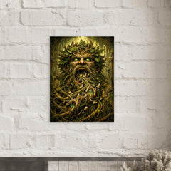 The Green Man swallowing cathedral vines metal print mockup
