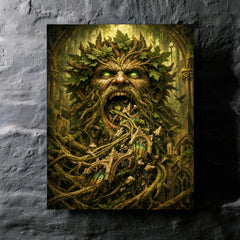 The Green Man swallowing cathedral vines metal print mockup