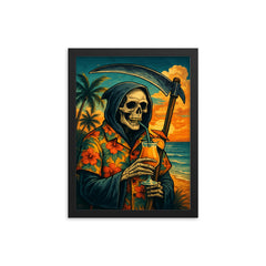 The Grim Reaper on vacation wearing a Hawaiian shirt and sipping a tropical drink framed print on a plain backdrop in size 12"x16".