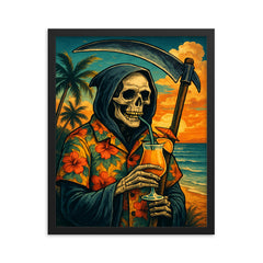 The Grim Reaper on vacation wearing a Hawaiian shirt and sipping a tropical drink framed print on a plain backdrop in size 16"x20".