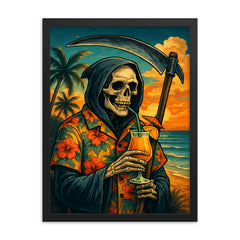 The Grim Reaper on vacation wearing a Hawaiian shirt and sipping a tropical drink framed print on a plain backdrop in size 18"x24".