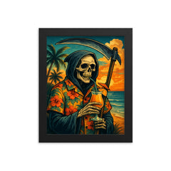 The Grim Reaper on vacation wearing a Hawaiian shirt and sipping a tropical drink framed print on a plain backdrop in size 8"x10".