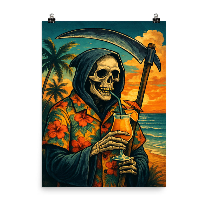 The Grim Reaper on vacation wearing a Hawaiian shirt and sipping a tropical drink poster on a plain backdrop in size 8