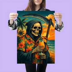 The Grim Reaper on vacation wearing a Hawaiian shirt and sipping a tropical drink poster 3