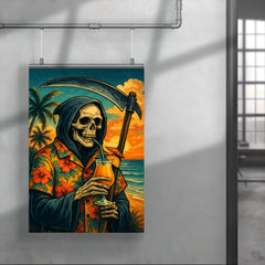 The Grim Reaper on vacation wearing a Hawaiian shirt and sipping a tropical drink poster 4