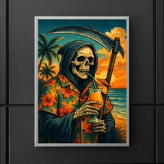 The Grim Reaper on vacation wearing a Hawaiian shirt and sipping a tropical drink poster 5