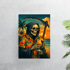 The Grim Reaper on vacation wearing a Hawaiian shirt and sipping a tropical drink poster 7
