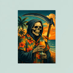 The Grim Reaper on vacation wearing a Hawaiian shirt and sipping a tropical drink poster 8