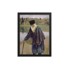 The Hermit by Mikhail Nesterov framed print on a plain backdrop in size 12"x16".