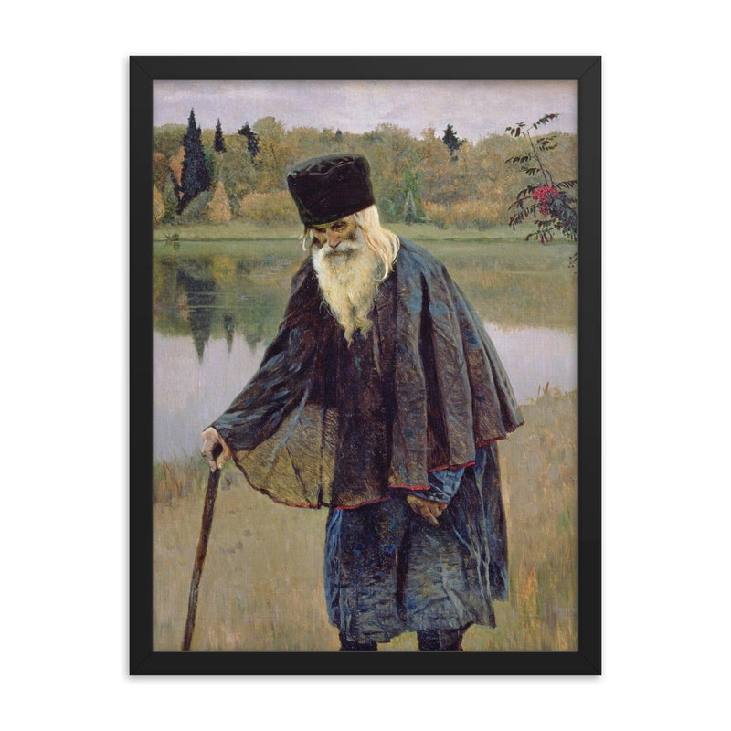 The Hermit by Mikhail Nesterov framed print on a plain backdrop in size 18