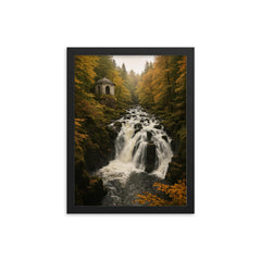 The Hermitage and Black Linn Falls Scotland framed print on a plain backdrop in size 12"x16".