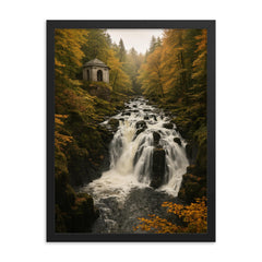 The Hermitage and Black Linn Falls Scotland framed print on a plain backdrop in size 18"x24".