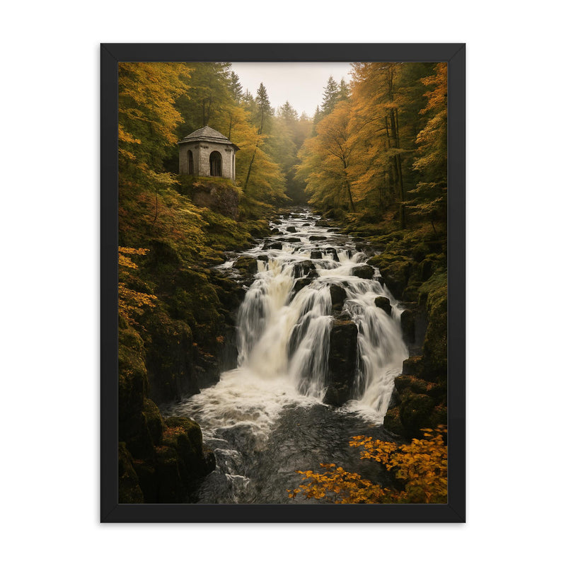 The Hermitage and Black Linn Falls Scotland framed print on a plain backdrop in size 18