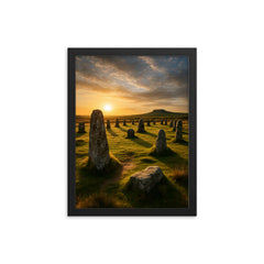 The Hurlers Stone Circles Cornwall England framed print on a plain backdrop in size 12"x16".