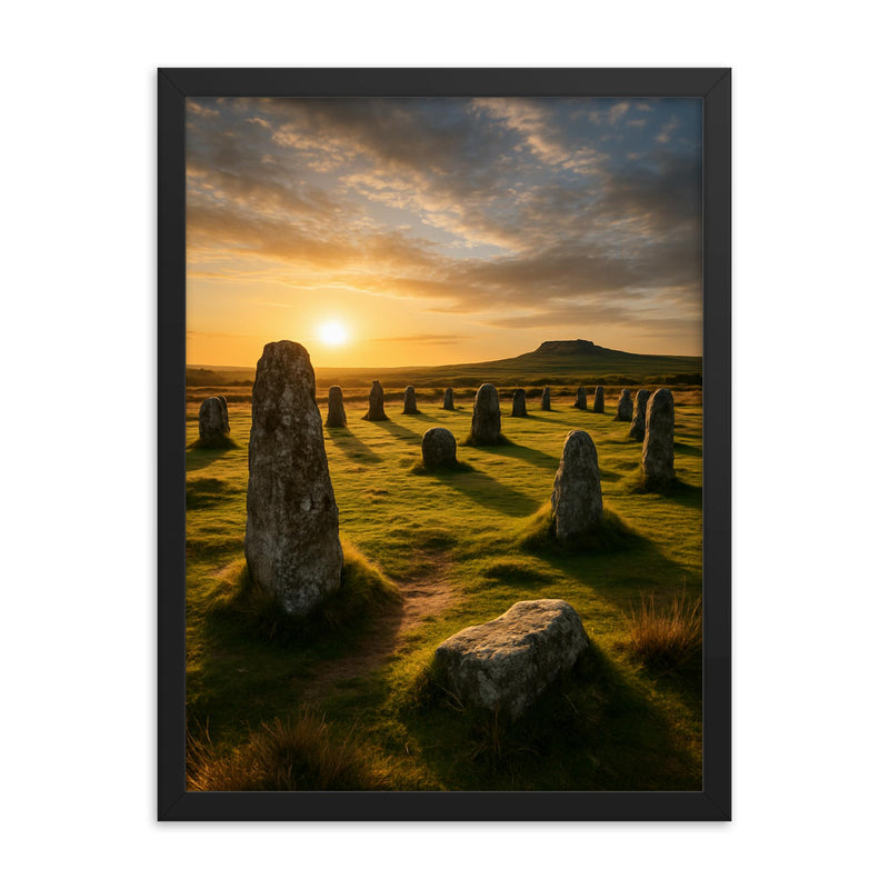 The Hurlers Stone Circles Cornwall England framed print on a plain backdrop in size 18
