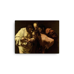 The Incredulity of Saint Thomas by Caravaggio, 1602 canvas print on a plain backdrop in size 12"x16".