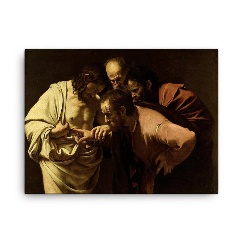 The Incredulity of Saint Thomas by Caravaggio, 1602 canvas print on a plain backdrop in size 18