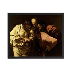 The Incredulity of Saint Thomas by Caravaggio, 1602 framed print on a plain backdrop in size 16"x20".