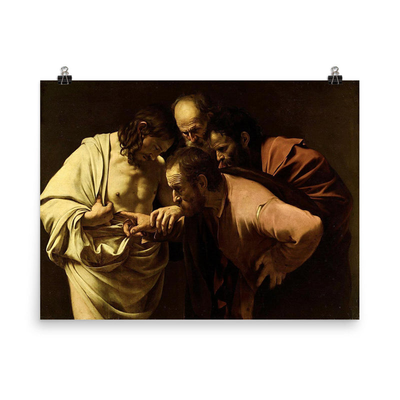 The Incredulity of Saint Thomas by Caravaggio, 1602 poster on a plain backdrop in size 8