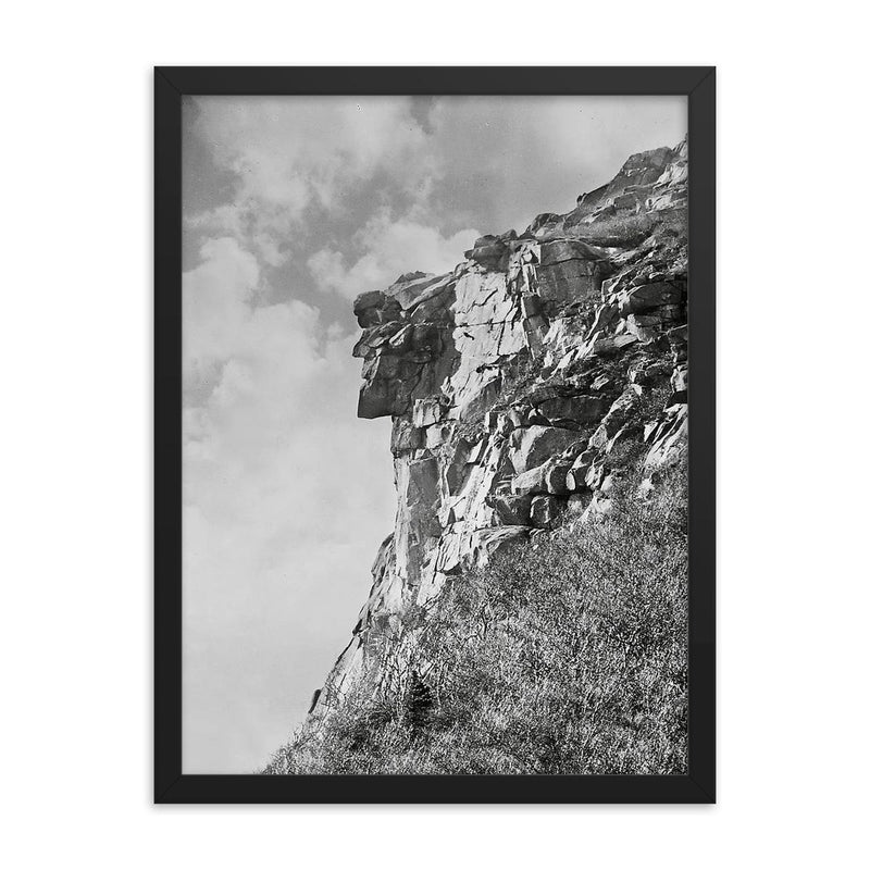 The jagged profile of The Old Man of The Mountain, the New Hampshire state symbol - Franconia, New Hampshire, 1901 framed print on a plain backdrop in size 18