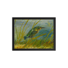The Kingfisher by Vincent van Gogh framed print on a plain backdrop in size 12"x16".