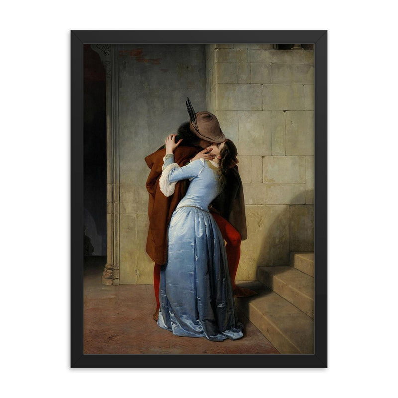 The Kiss by Francesco Hayez framed print on a plain backdrop in size 18