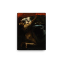 The Kiss of the Sphinx by Franz von Stuck, 1895 canvas print on a plain backdrop in size 12"x16".