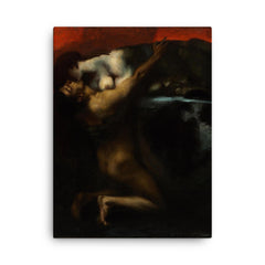 The Kiss of the Sphinx by Franz von Stuck, 1895 canvas print on a plain backdrop in size 18"x24".