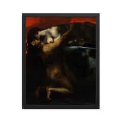 The Kiss of the Sphinx by Franz von Stuck, 1895 framed print on a plain backdrop in size 16"x20".